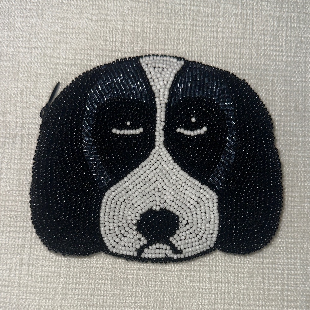 Vintage Hand-Beaded Dog Coin Purse - Black & White Puppy - 5"